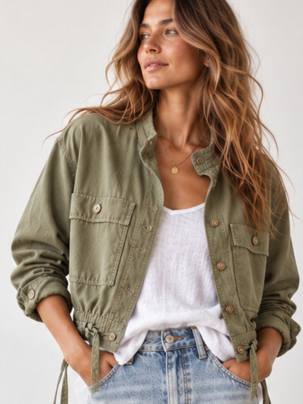 LUCKY BRAND Femme Surplus Olive Green Cropped Stretch Utility Military Jacket S